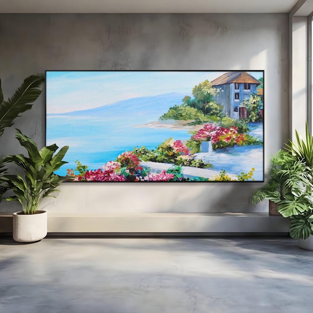Tablou canvas cu tablou pictura cu flori si mare, in rama de aluminiu negru